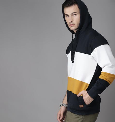 Men Navy Blue & White Colourblocked Hooded Sweatshirt